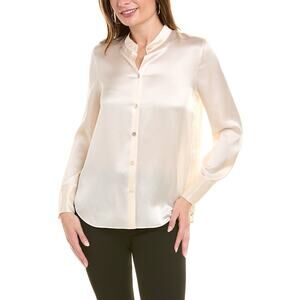Vince 'Slim' White Fitted Band Collar Silk Blouse Size S